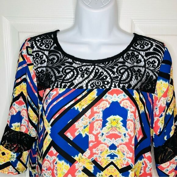 Socialite Watercolor Floral Geometric Black Lace Yoke Mini Dress Royal Blue S - Picture 3 of 11
